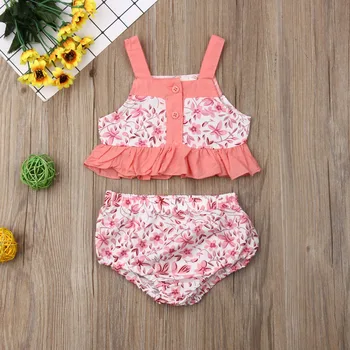 

Pudcoco Summer Newest Fashion Newborn Baby Girl Clothes Sleeveless Flower Print Ruffle Strap Tops Shorts 2Pcs Outfits Clothes