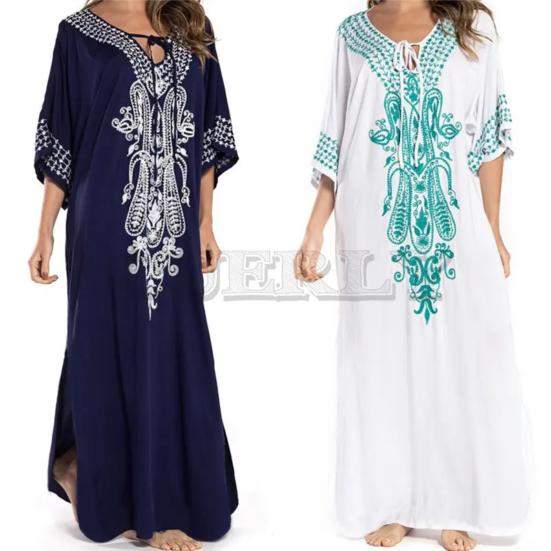 Image 2019 Indie Folk Lace Up V Neck Batwing Sleeve Summer Beach Dress Cotton Tunic Women Beachwear kaftan Maxi Dress Robe Sarong N775
