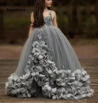 

2019 Customized Girls Dresses Grey Puffy Tulle 3D Flowers V Neck Flower Girls Dresses for Wedding Pageant Party Gown
