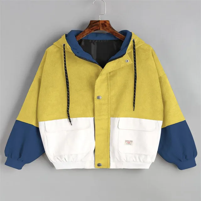 Fashion Winter Warm Color Block Hooded Corduroy Harajuku Jacket Drawstring Hit Patched Pocket 