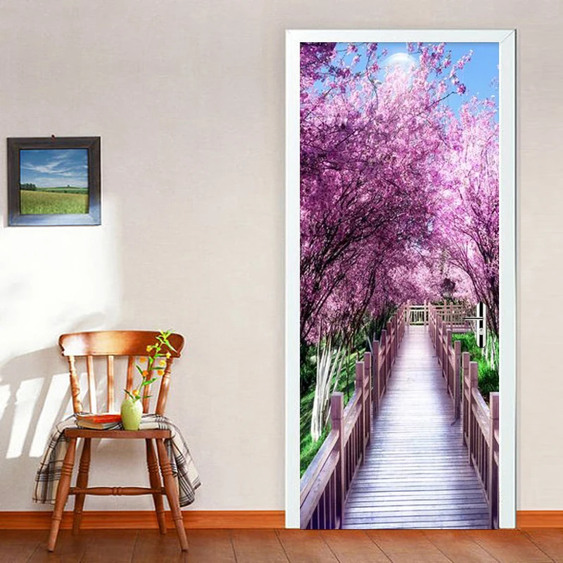

Cherry Blossom Avenue Scenery Door Sticker 3D Living Room Wedding House Wallpaper PVC Waterproof Home Decor Wall Decals Stickers