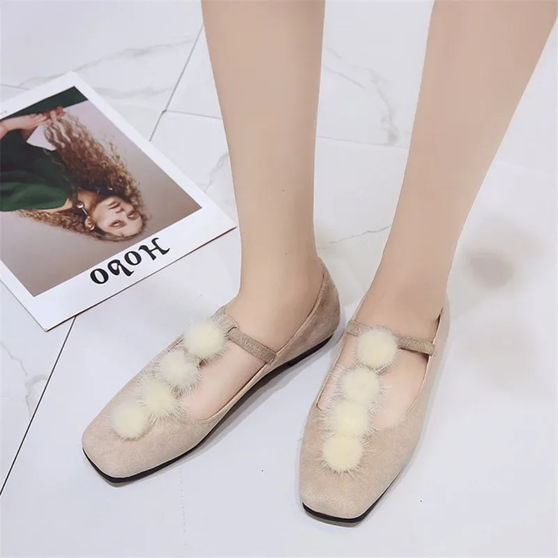 

COOTELILI Women Flats Faux Suede Shoes Woman Casual Loafers Slip-On Square Toe Real Mink Fur Ladies Oxfords Beige Black 35-40