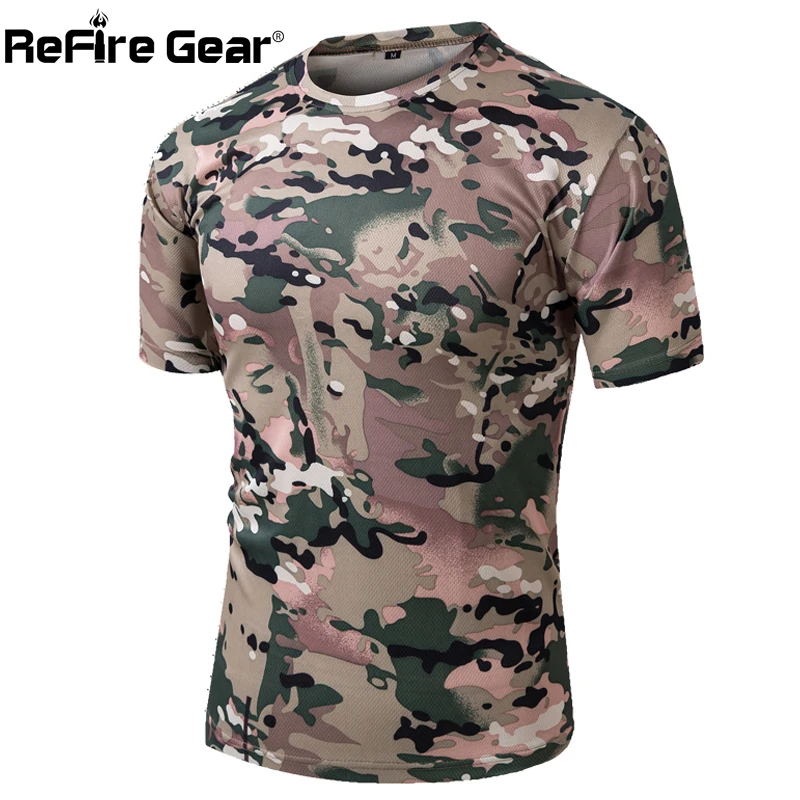 

ReFire Gear Summer Military Camouflage T-shirt Men Tactical Army Combat T Shirt Quick Dry Short Sleeve O Neck Camo Casual Tshirt