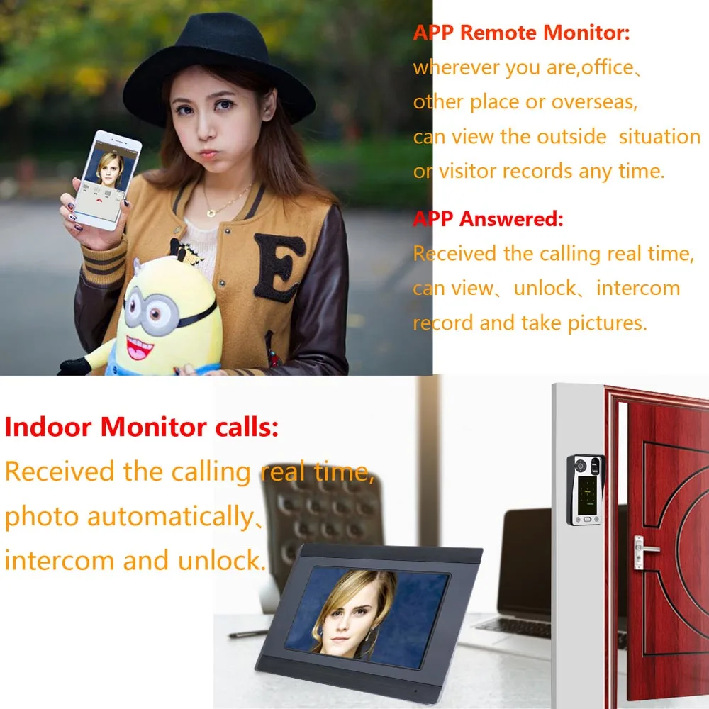 wifi video door phone 7inch Wired Wifi Wifi Fingerprint IC Card  Video Door Phone Doorbell Intercom System with Door Access Control System wireless audio intercom