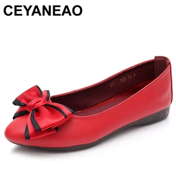 

CEYANEAO Bow Pointed Toe Slip-on Women Ballet Flats Fashion Genuine Leather Women Flat Shoes Ballerinas Ladies Casual FlatsE1079
