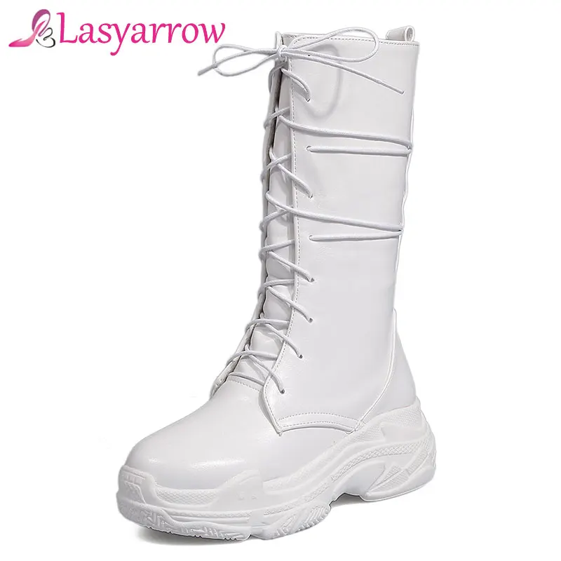 

Lasyarrow 2018 Autumn New Winter Wedges Heels Platform Round Toe Casual Lace Up Mid Calf Martin Boots White Black Women's Shoes