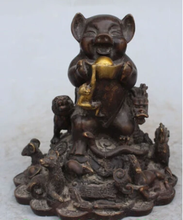 

RHS0078 8"Chinese Bronze Gilt Wealth Hog Pig Rabbit Horse Dragon Snake12 Animal Statue
