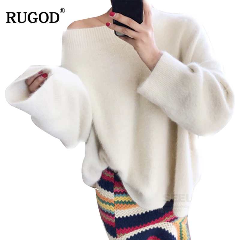 RUGOD 2018 Autumn and winter New White and Pink Oversize Loose Slash Neck Hight Street style women sweater Pullovers korean