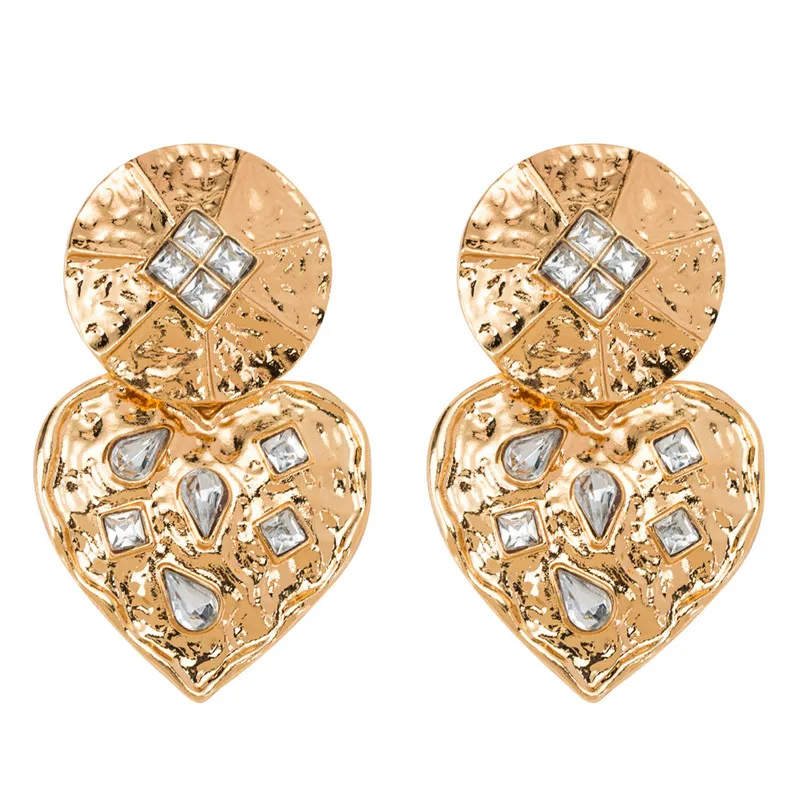 

Rhinestone Crystal Insert Dangle Earrings for Girls Gold Silver Metal Heart Pendant aretes de mujer Heavy Earrings ET684
