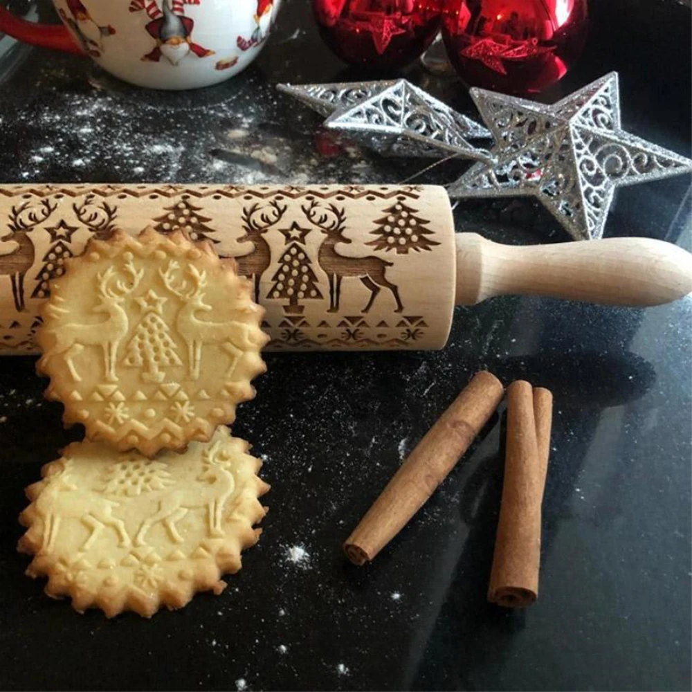Embossed Rolling Pin Christmas Engraved Carved Wood Roll Baking Cookies Biscuit Fondant Cake 