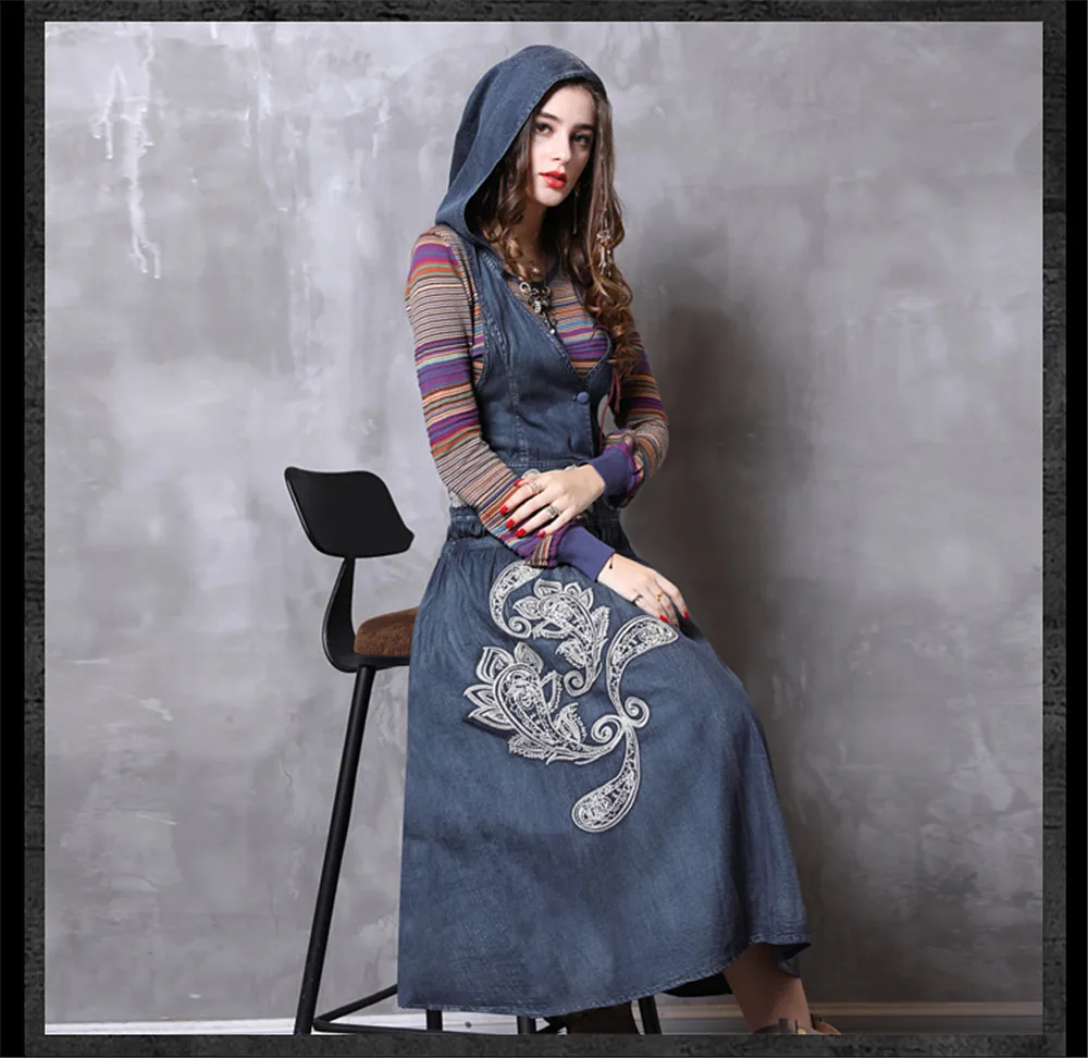 Vintage Hooded Dress Women 2018 New Arrival Denim Dresses Vintage Embroidery V-Neck Loose A-line Long Vestidos Femininas (12)