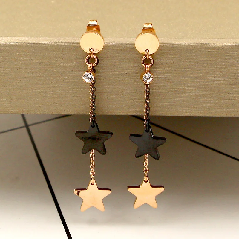 Fashion Stainless Steel Long String Star Drop Earrings Round Crystal