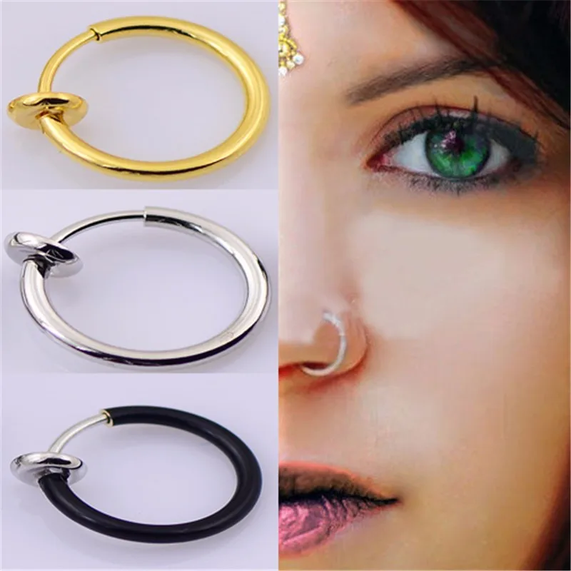 New-Clip-On-Fake-Nose-Hoop-Ring-Ear-Septum-Lip-Navel-Earrings-Body-Non-Piercing-Black