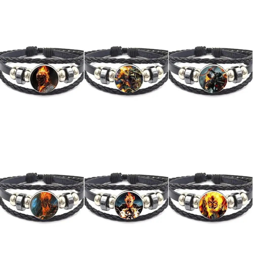 EJ Glaze Ghost Rider Steampunk Style Jewelry With Glass Cabochon Statement Black Leather Bracelet Bangle For Women | Украшения и