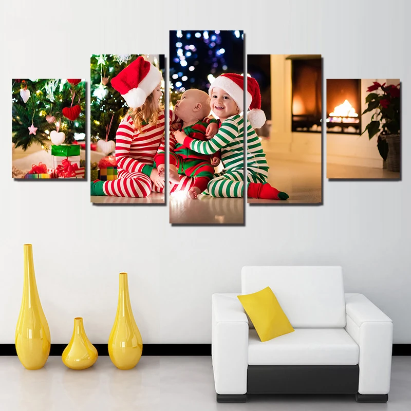 Holidays-Christmas-Three-Kid-Canvas-Wall-Art-Frame-Painting-For-Living-Room-5-Panel-Poster-And (2)