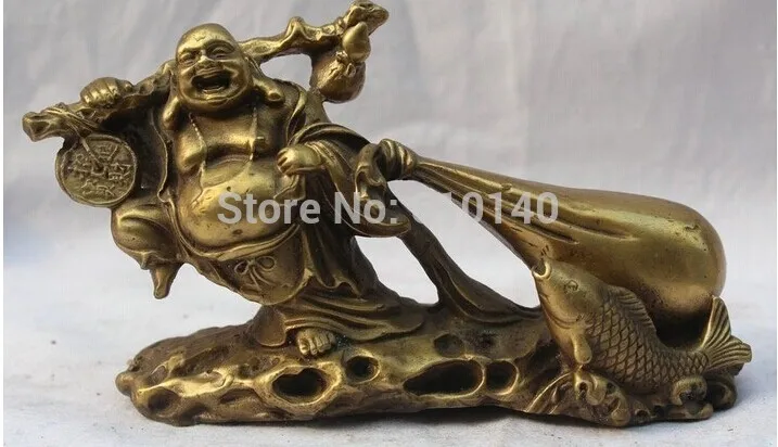 

6"China Chinese Buddhism Brass Fish Money Bag Happy Laugh Maitreya Buddha Statue