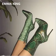 Пикантные зеленые ботильоны с принтом «Змея питона»; сезон осень-зима; женские вечерние модельные туфли с острым носком на высоком каблуке; женская обувь; botas mujer