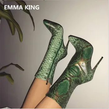 

Sexy Green Autumn Winter Python Snake Prints Short Boots Women Ladies Pointed Toe High Heels Party Dress Shoes Women Botas Mujer