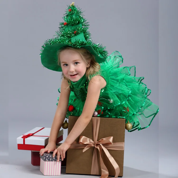 Детская Рождественская елка для костюма для девочек, платье Топы, вечерние платья с шапочкой, детские рождественские костюмы на Хэллоуин, зеленая одежда