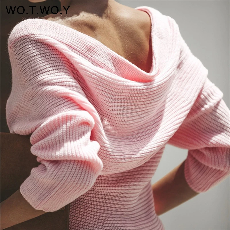 WOTWOY Sexy V Neck Cross Knitted Sweater Women Pullover Hollow Out 2018 Winter Cashmere Women Sweater Backless Streetwear Jumper Sweaters