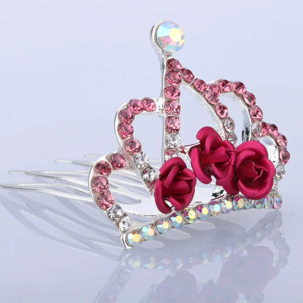 Мини милый розовый цветок Кристалл корона принцессы из страз гребень для волос день рождения диадемы для девочек детские украшения для волос аксессуары