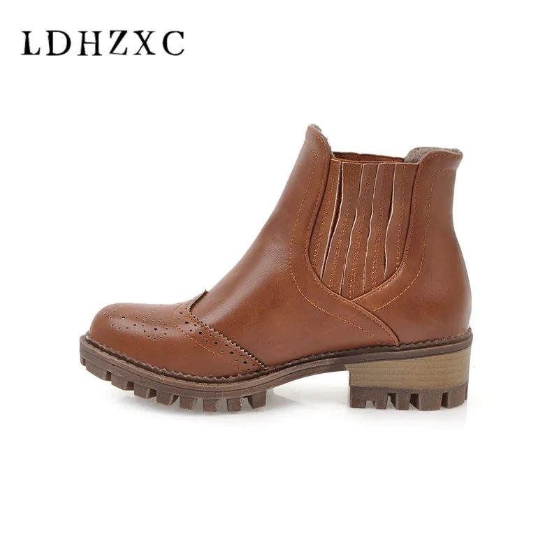 

LDHZXC 2018 new Women square High Heel Ankle Winter Boots For Women Zipper Agrafe Ladies Shoes Warm Botas big size 12