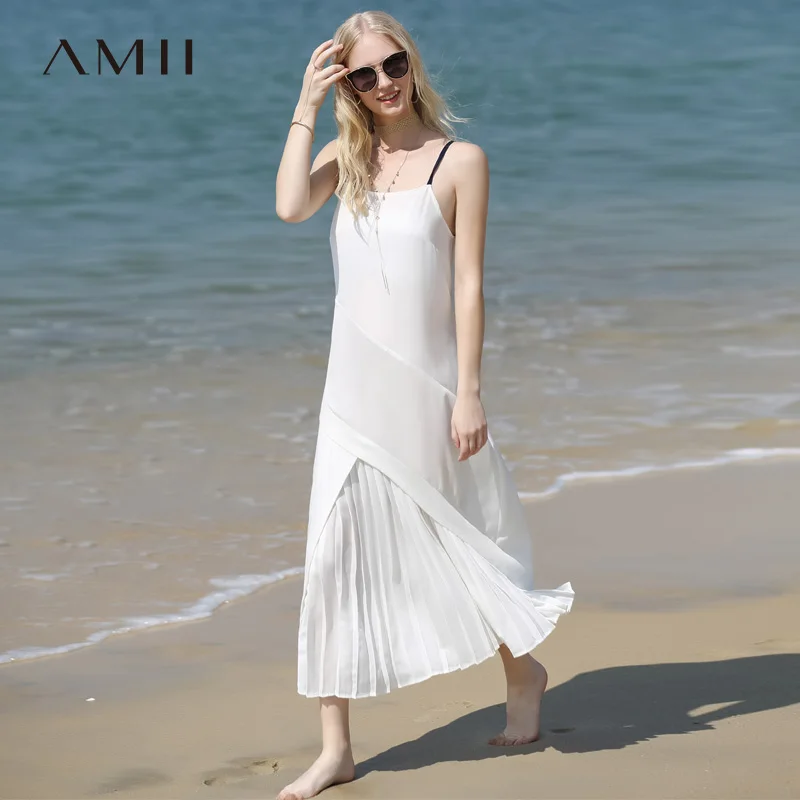 

Amii Minimalist Women Holiday Dress Summer 2018 Causal Solid Strapless Dress Pleased Loose Beach Chiffon Long Dress
