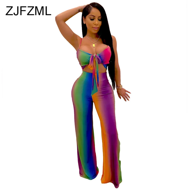 

Rainbow Striped Sexy 2 Piece Set Summer Clothes For Women Spaghetti Strap Backless Crop Top And Wide Leg Pants Outfit Tracksuit