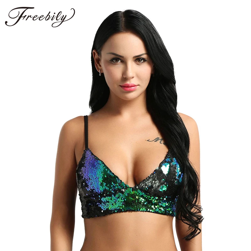 

Fashion Women Green Dazzling Sequined Wire-free Removable Pad Bra Top Club Rave Sexy Pole Dance Clothing Stage Dancewear