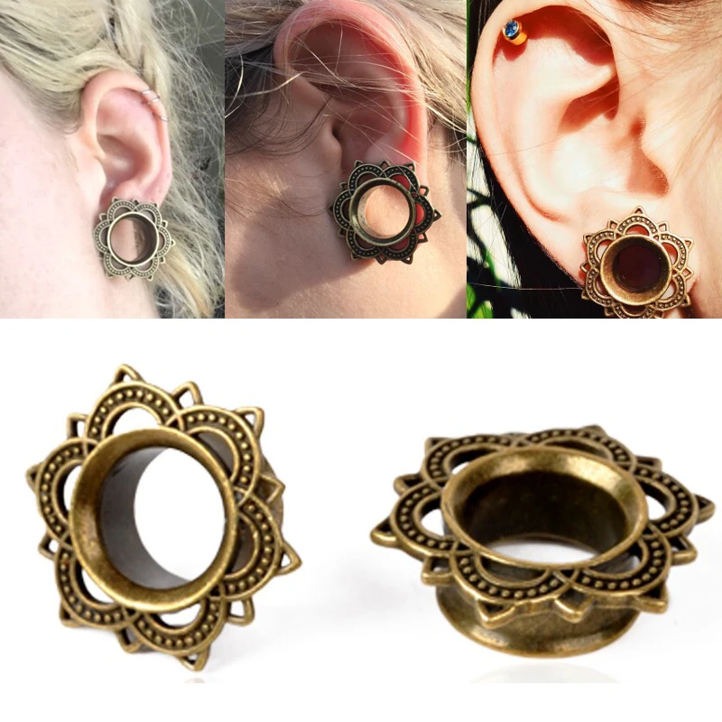 1 Pair Ear Flesh Tunnels Antique Brass Plugs Double Flares Gauges Body