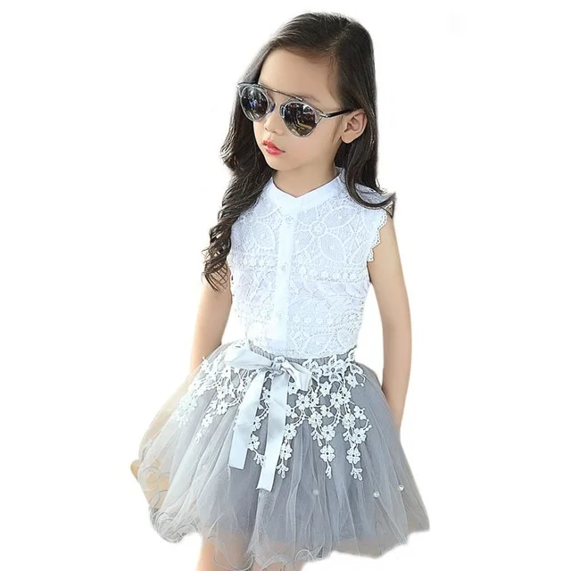 

3-11 Yrs Girls Sleeveless Summer shirt + Lace Tutu Skirt Sets Girls Outfits Two Piece Elegant Children Clothing Sets