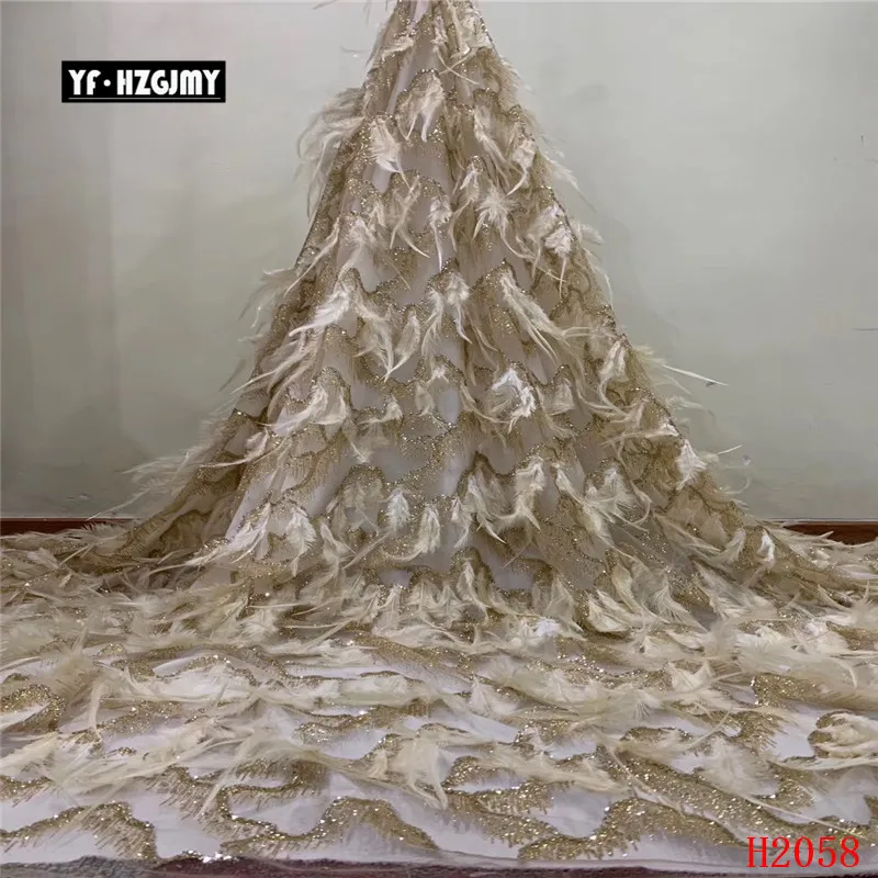 

YF HZGJMY 2019 african sequins 3D lace fabirc with feather french golden mesh tulle lace for evening dress free shipping A2058