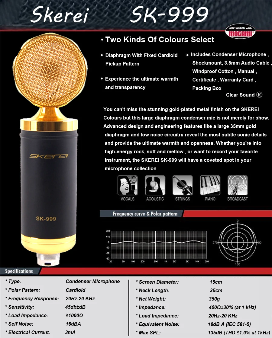 Genuine New High Performance Skere SK 999 Cardioid Directivity Professional Wired Computer Recording Studio Condenser Microphone