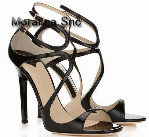 

Moraima Snc Peep toe high thin heel leather cross tie double buckle strap dress style for OL lady pumps for women in summer shoe