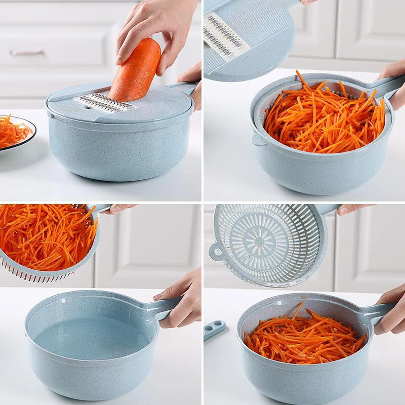 9 pcs /Set Kitchen Cutter Fruit Vegetable Slicer Potato Carrot Grater Garlic Chopper Mandoline Cutter with Noodle Drain Basket