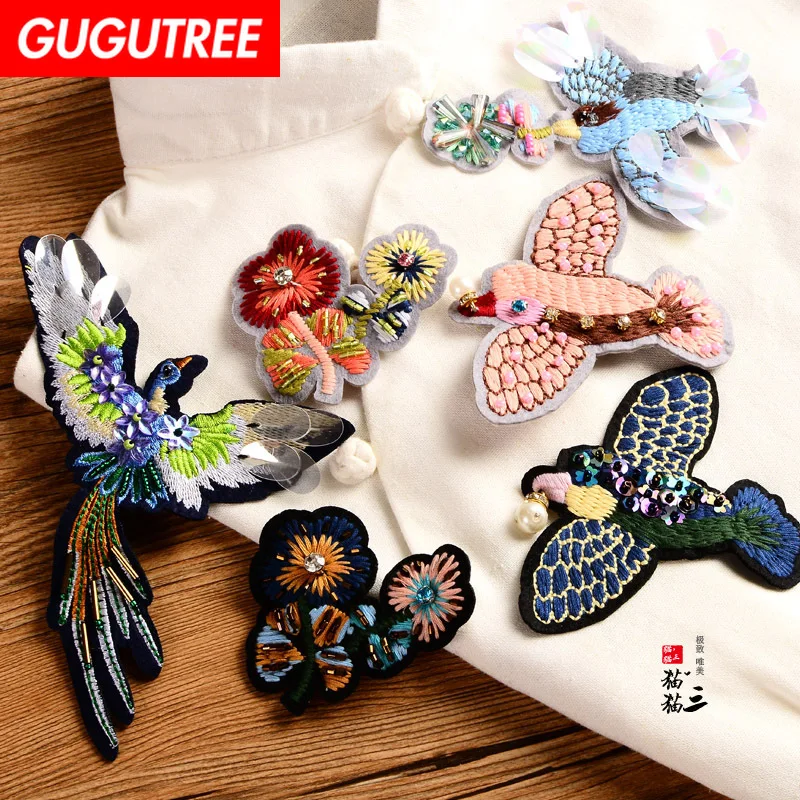 

GUGUTREE embroidery beaded flower patches bird patches badges applique patches for clothing SK-11