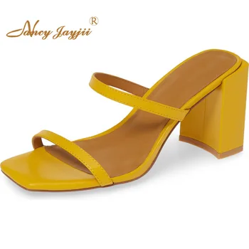 

Yellow&Purple Summer High Chunky Heels Sandals Woman Large Size 12 14 Slip-On Slides Solid Shoes For Ladies Beautyfeet Mature