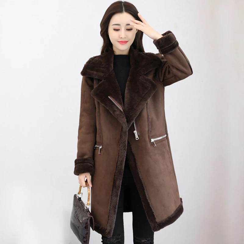 2018 winter Women Suede Leather Coats Long Trench Coats Female Velvetfull Turn-down Collar Fashion Slim PU Warm Jacket QH1231