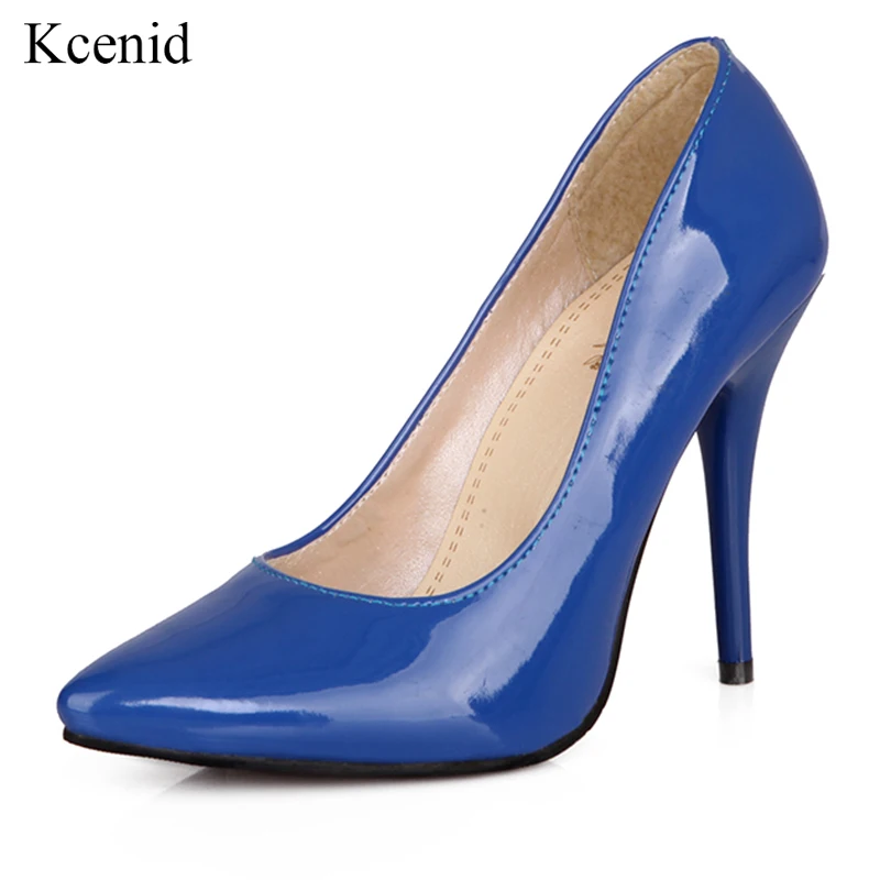 

Kcenid Blue black patent leather women pumps sexy pointed toe thin high heel shoe woman wedding party shoes small shoes 32-43 48