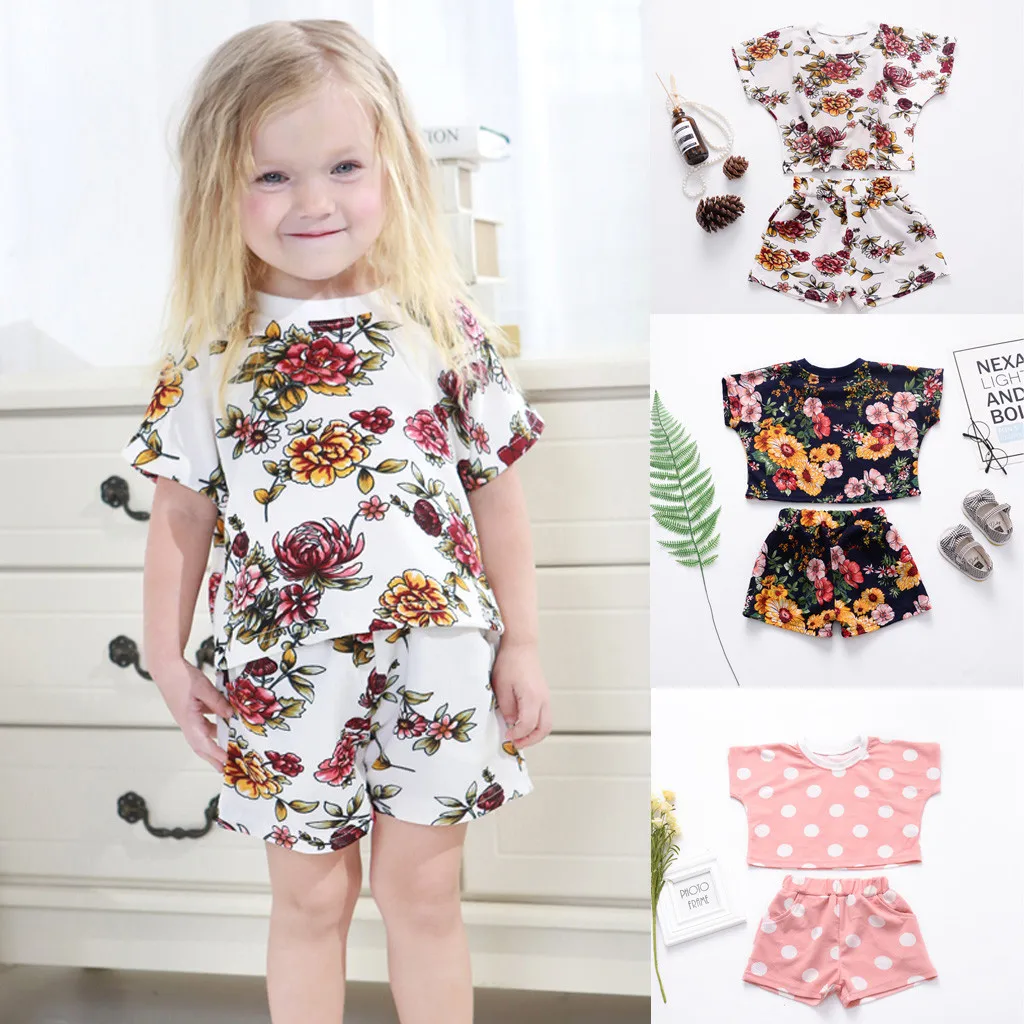 

Toddler Baby Girls Short Sleeve Dot Floral Print Tops+Shorts Outfits Set Children Child 2019 Drop Shipping