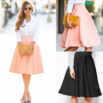 

High Quality Women Lady Casual Fashion Summer High Waist Flared Pleated Business A-Line Simple Long Maxi Dress Skirt Pink/Black