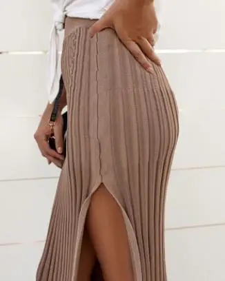 khaki Bkld уличная неоновая Одежда Женская Высокая Сплит Bodycon элегантная миди юбка-карандаш осень Новая женская трикотажная высокая талия юбки - Цвет: khaki
