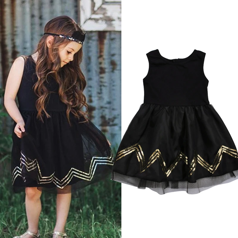 

2019 Girls Autumn Winter Dress Black Sleeveless Sequins Printed Princess Dress for Little Girl Outwear Clothes Children and Kids