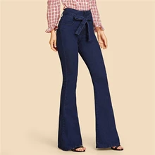 Tie Waist Flare Hem Jeans Women Denim Trousers Vintage ladies Clothes Fall High Waist Pants Belted Stretchy Jeans wide leg jeans belted cuff mixed print stepped hem blouse