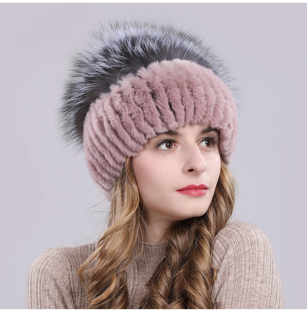 Outdoor Women Warm Soft Genuine Rex Rabbit Fur Hat Knitted Natural Real Sliver Fox Fur Caps Winter Real Rabbit Fur Beanies Hats