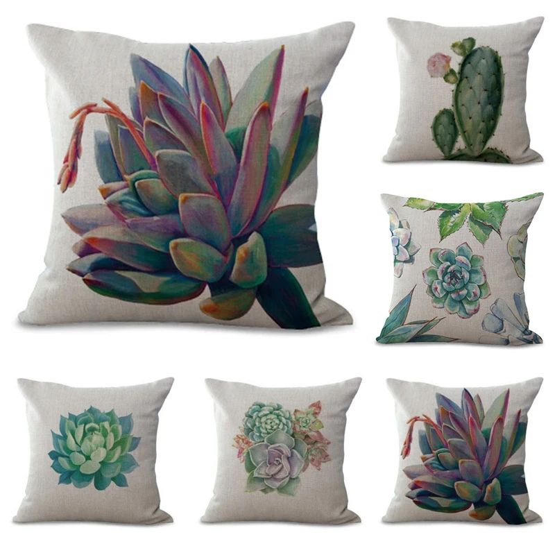 Linen Cototn Cactus Plants Cushion Cover Green Leaves Pillow Case Seat Sofa Home Decorative Pillow Cover Textiles Pillowcase