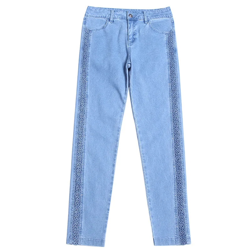 Летние и осенние стильные кружевные эластичные голубые джинсы длиной до щиколотки с вышивкой, дышащие тонкие джинсы для женщин NW17C1200