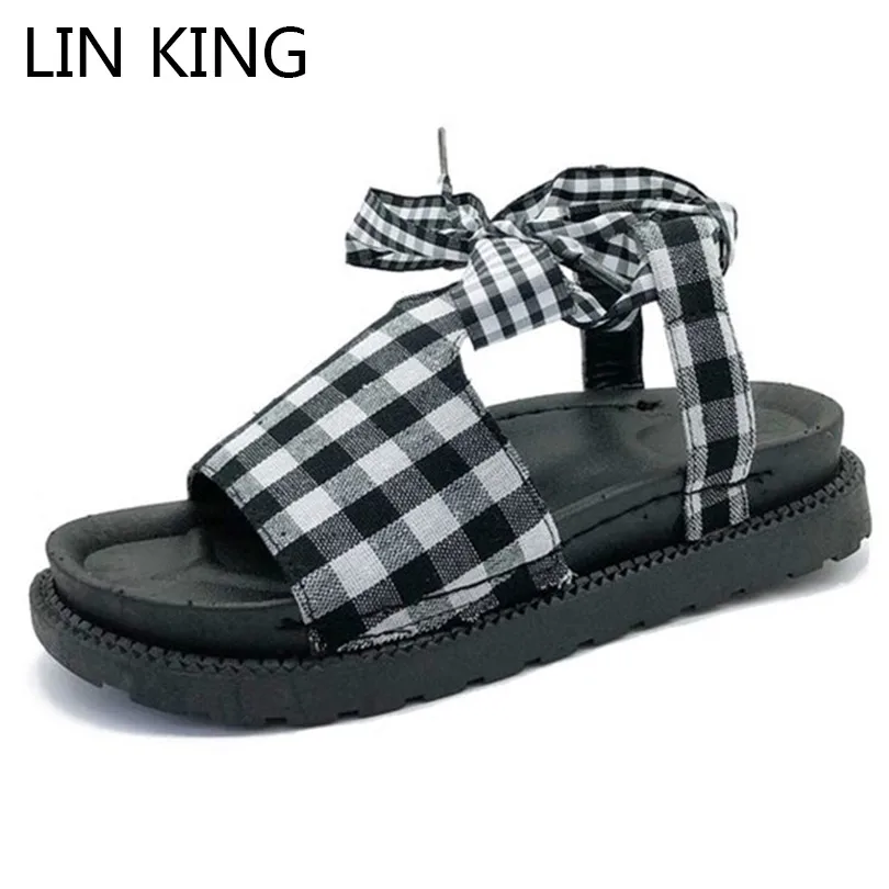 

LIN KING Casual Lace Up Women Flats Sandals Comfortable Ladies Ankle Knot Sandalias Cute Bowtie Anti Skid Summer Beach Shoes