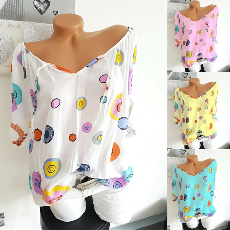 

Large size women's blouse 2019 new line bandwidth loose color dot print long sleeve V-neck shirt S-5XL