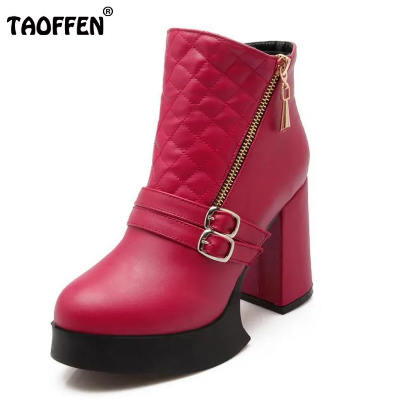 

TAOFFEN Size 34-43 Women Half Short Boots Platform Zipper High Heel Boots Metal Warm Autumn Shoes Mid Calf Boots Women Footwears